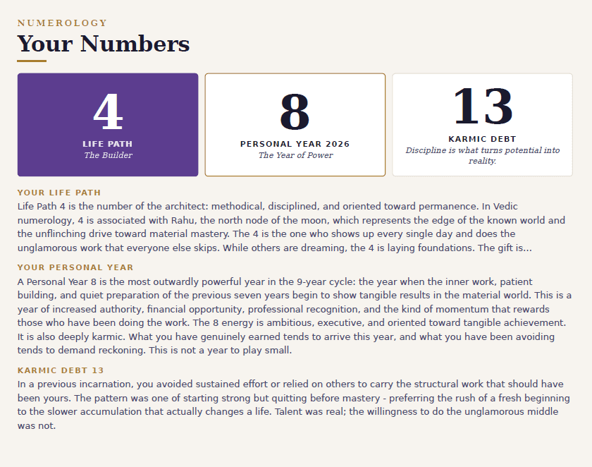 Numerology - sample page from the Karmaculator Life Report PDF